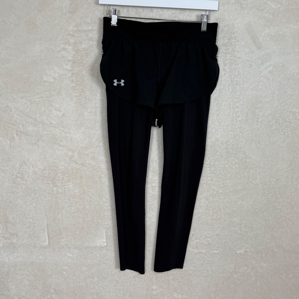 Under Armour Speed Pocket 2 in 1 Women Black Heatgear Runner Crop Shorts Size S